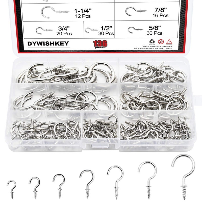 DYWISHKEY 136PCS Nickel Plated Screw-in Cup Hooks Kit - 7 Sizes for Home, Office and Workplace (1/2", 5/8", 3/4", 7/8", 1", 1-1/4", 1-1/2") - Image 1